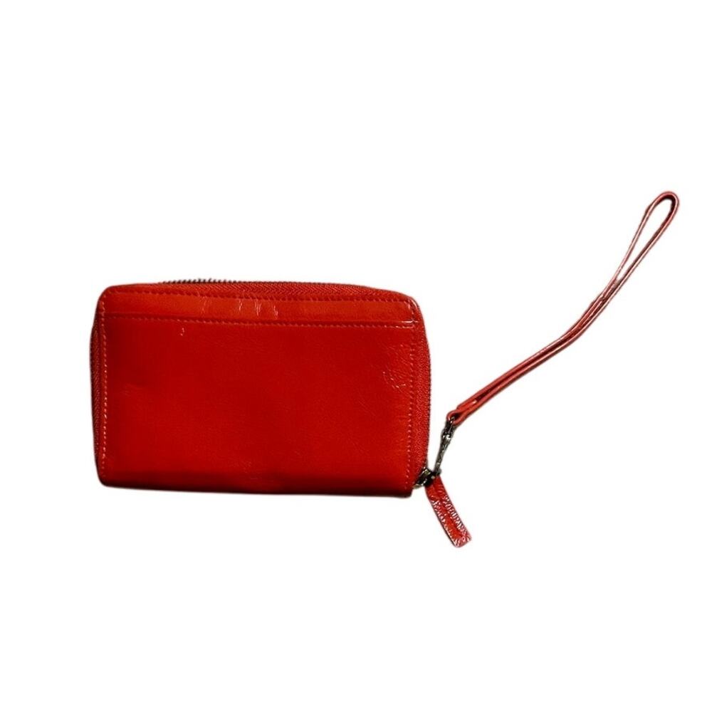 Halogen Women's Wallet Red Orange Leather Wristlet Zip Gold Metal Details - EUC